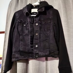 Girls black denim jacket with hood